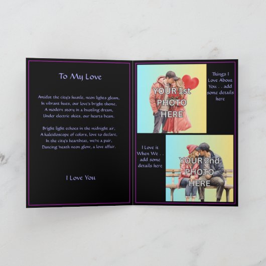 Voeg 2 foto's Neon Light Valentijn hart liefde ged Kaart (Binnen)