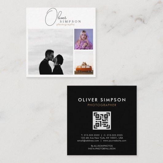 Voeg 3 Foto's Script Photography QR toe Vierkante Visitekaartje (Voorkant / Achterkant)
