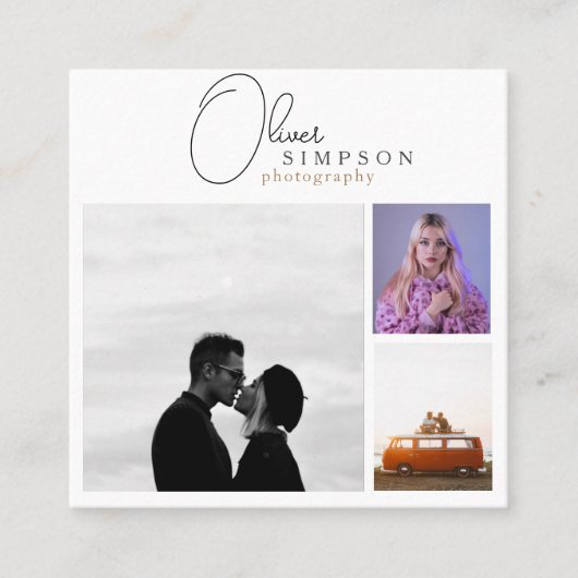 Voeg 3 Foto's Script Photography QR toe Vierkante Visitekaartje (Voorkant)