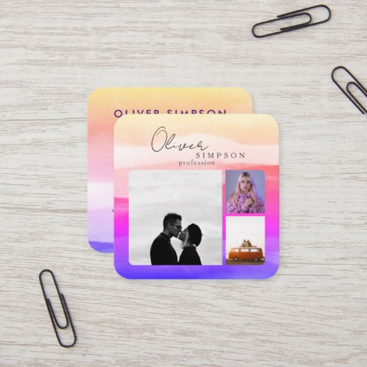 Voeg 3 Foto's Script Waterverf Holography QR toe Vierkante Visitekaartje (Voorkant / Achterkant in situ)