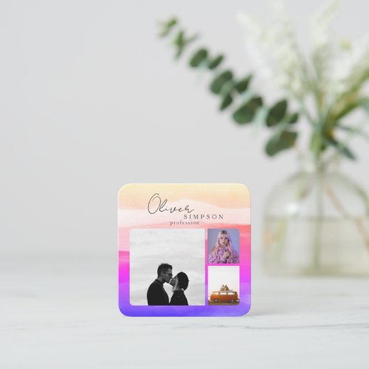 Voeg 3 Foto's Script Waterverf Holography QR toe Vierkante Visitekaartje (Staand voorkant)