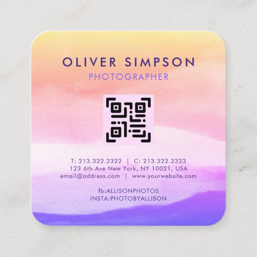 Voeg 3 Foto's Script Waterverf Holography QR toe Vierkante Visitekaartje (Achterkant)