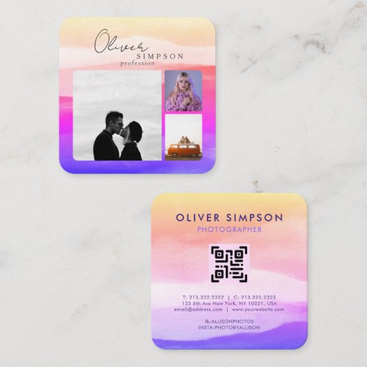 Voeg 3 Foto's Script Waterverf Holography QR toe Vierkante Visitekaartje (Voorkant / Achterkant)