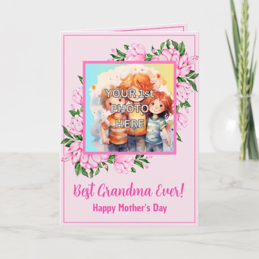 Voeg 3 foto's toe, Roze Beste Grootmoeder, Gedicht Kaart (Voorkant)