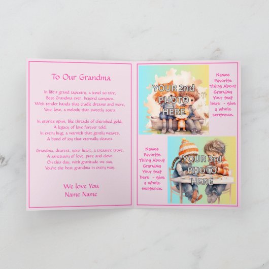 Voeg 3 foto's toe, Roze Beste Grootmoeder, Gedicht Kaart (Binnen)