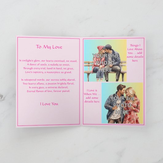 Voeg 3 foto's toe, Roze Valentijnsdag met liefdesg Kaart (Binnen)