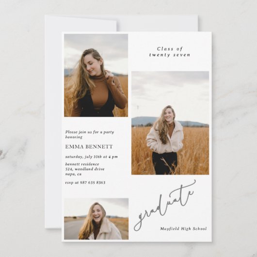 Voeg 3 Photo Modern Script Afstuderen Invitation t Kaart (Voorkant)