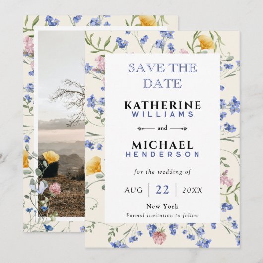 Voeg Afbeelding Toe & Aquarel wilde bloemen weide Save The Date (Voorkant / Achterkant)
