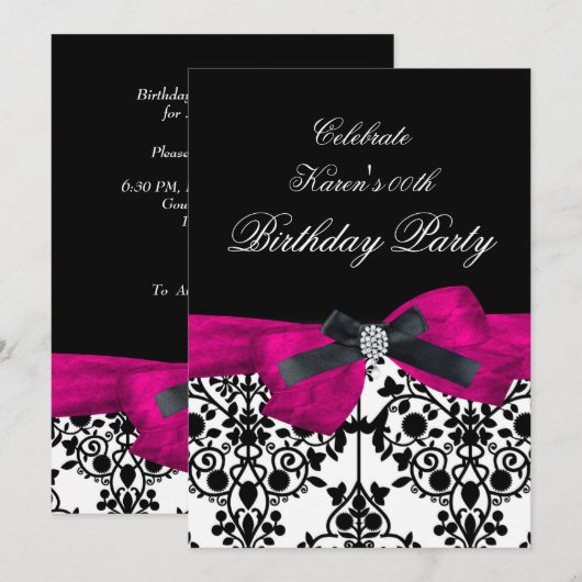 Voeg Age Birthday Party Pink Damask Black White to Kaart (Voorkant / Achterkant)