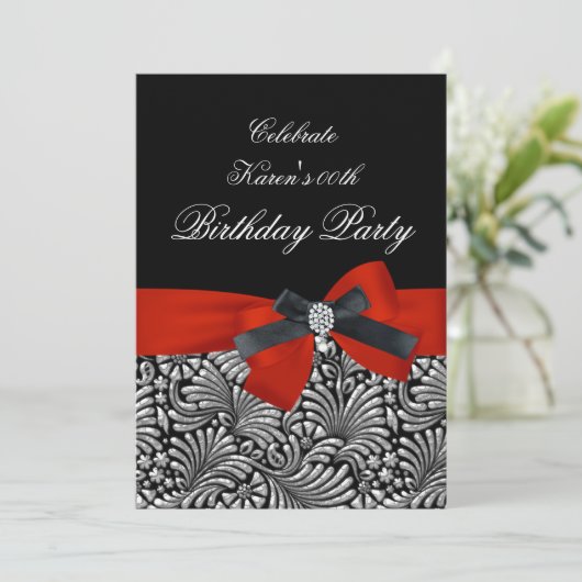 Voeg Age Birthday Party Red Damask Black toe Kaart (Staand voorkant)