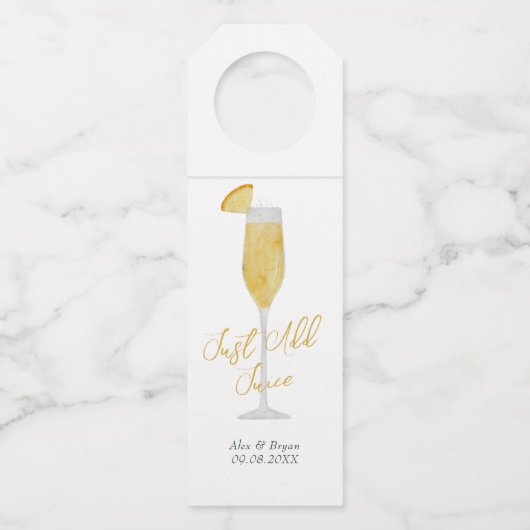 Voeg alleen Mimosa champagne of Prosecco sap toe Flessenhanger (Voorkant)