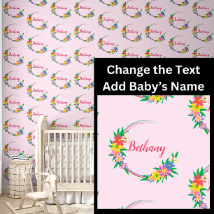 Voeg Baby Naam toe in Bloemen Cirkel Lijst Roze Behang