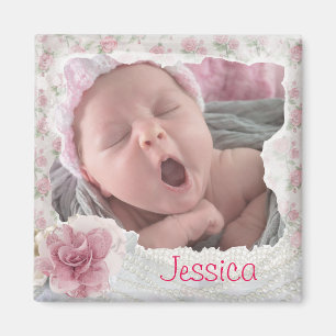 Voeg de foto van uw baby toe,  Pink Lacy Magnet