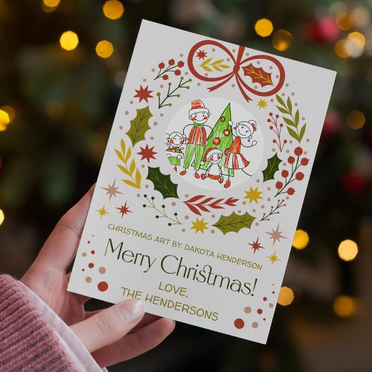 Voeg de kunst van je kind toe | Moderne Kerstkrans Feestdagenkaart