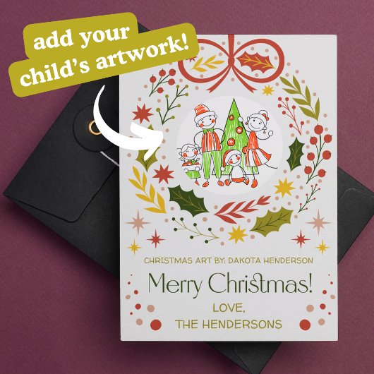 Voeg de kunst van je kind toe | Moderne Kerstkrans Feestdagenkaart