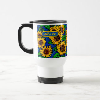 Voeg de naam Golden Sunflower en gouden zonnebloem Reisbeker