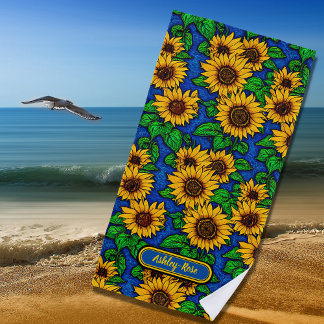 Voeg de naam Golden Sunflower en gouden zonnebloem Strandlaken