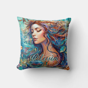 Voeg de naam Mermaid Underwater in Zee toe, Hair F Kussen