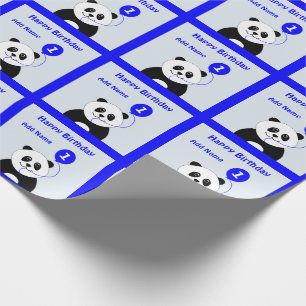 Voeg de naam panda 1 e verjaardagsblauw toe cadeaupapier