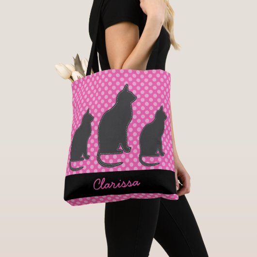 Voeg de naam van de Helderroze Polka Dot met Zwart Tote Bag (Dichtbij)