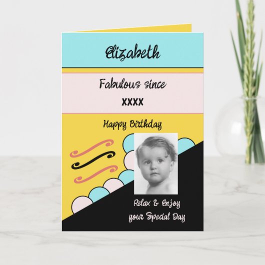 Voeg de naam van het fotojaar milestone verjaargee kaart (Voorkant)