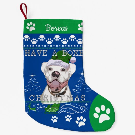 Voeg de naam White Boxer Dog Kerstmis toe Kleine Kerstsok (Voorkant)