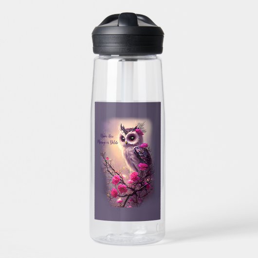 Voeg de Tekst van de Naam, Paarse Owl & Roze Bloem Waterfles (Voorkant)