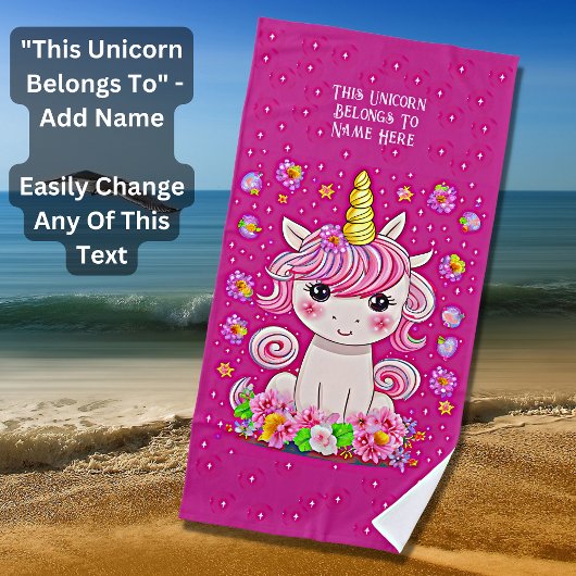 Voeg de Tekst van de Naam, Roze Baby Unicorn & Sta Strandlaken