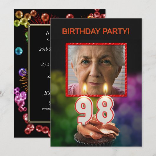 Voeg een afbeelding, 98ste verjaardag uitnodiging (Voorkant / Achterkant)