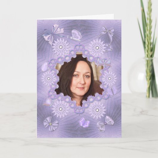 Voeg een afbeelding lila verjaardagskaart met bloe kaart (Voorkant)