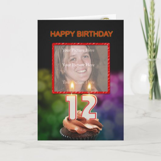 Voeg een afbeelding toe, 12e verjaardag met taart kaart (Voorkant)