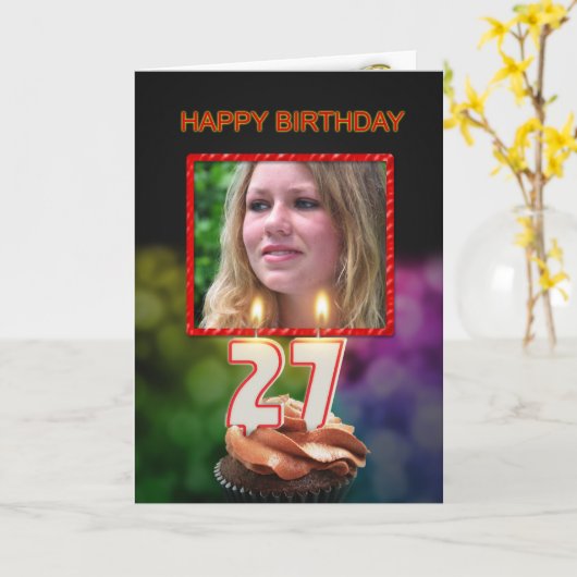 Voeg een afbeelding toe, 27e verjaardag met taart  kaart (Gele Bloem)