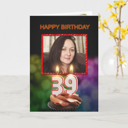 Voeg een afbeelding toe, 39e verjaardag met taart  kaart (Gele Bloem)