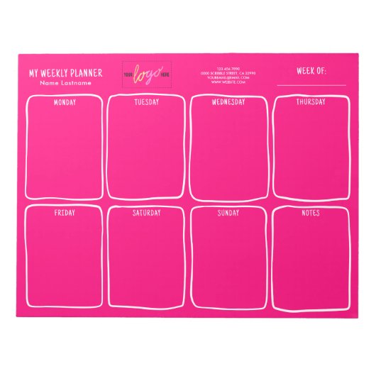 Voeg een Logo Simple Girly Bright Pink Weekly Plan Notitieblok (Voorkant)
