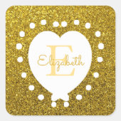Voeg een naam & Monogram Gold Glitter White Heart  Vierkante Sticker (Voorkant)