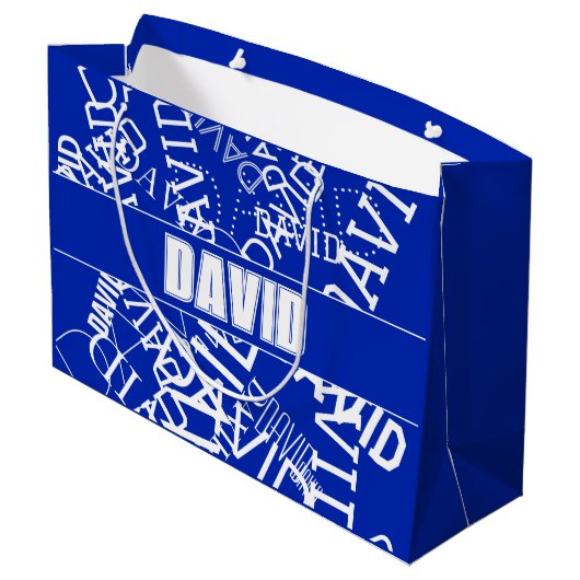Voeg een naam, naam collage In blauw & wit Groot Cadeauzakje (Achterkant Gekanteld)