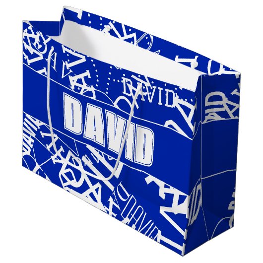 Voeg een naam, naam collage In blauw & wit Groot Cadeauzakje (Voorkant Gekanteld)