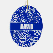 Voeg een naam, naam collage In blauw & wit Keramisch Ornament (Rechts)