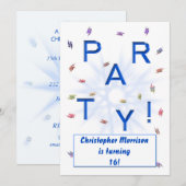 Voeg een naam, partijuitnodiging, in blauw voor ee kaart (Voorkant / Achterkant)