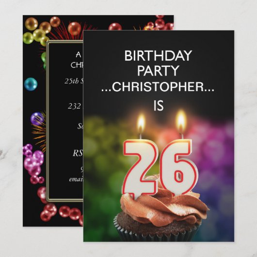 Voeg een naam toe, 26th Birthday party Uitnodiging (Voorkant / Achterkant)