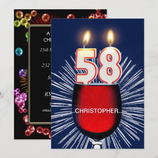 Voeg een naam toe, 58ste verjaardag Uitnodiging, w Kaart (Voorkant / Achterkant)
