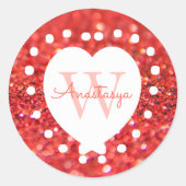 Voeg een naam toe als Monogram koraal Glitter Whit Ronde Sticker (Voorkant)