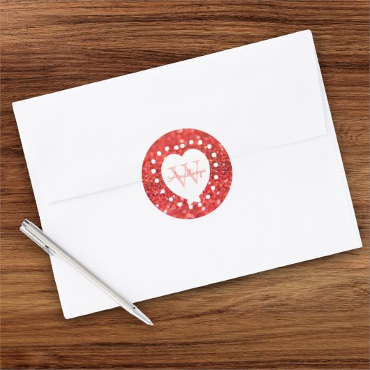 Voeg een naam toe als Monogram koraal Glitter Whit Ronde Sticker