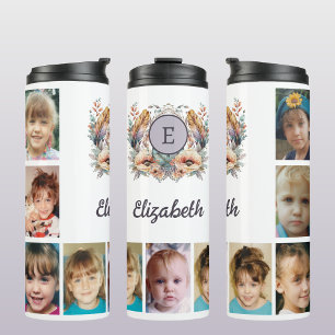 Voeg een naam toe initialen 9 foto floral paarse thermosbeker