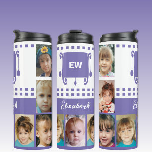 Voeg een naam toe initialen fotocollage wit paars thermosbeker