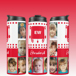 Voeg een naam toe initialen fotocollage wit rood thermosbeker