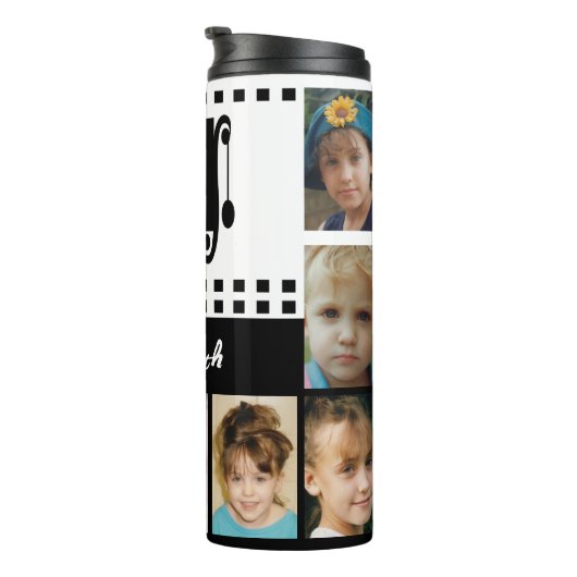 Voeg een naam toe initialen fotocollage wit zwart thermosbeker (Geroteerd rechts)