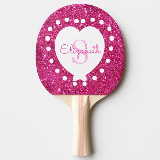 Voeg een naam toe Monogram Roze Glitter White Hear Tafeltennisbatje (Voorkant)