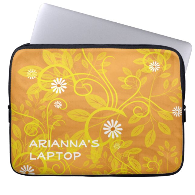 Voeg een naam toe Retro White Daisies Yellow Flour Laptop Sleeve (Voorkant)