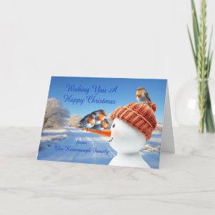 Voeg een naam toe Robins en Snowman Christmas Feestdagen Kaart